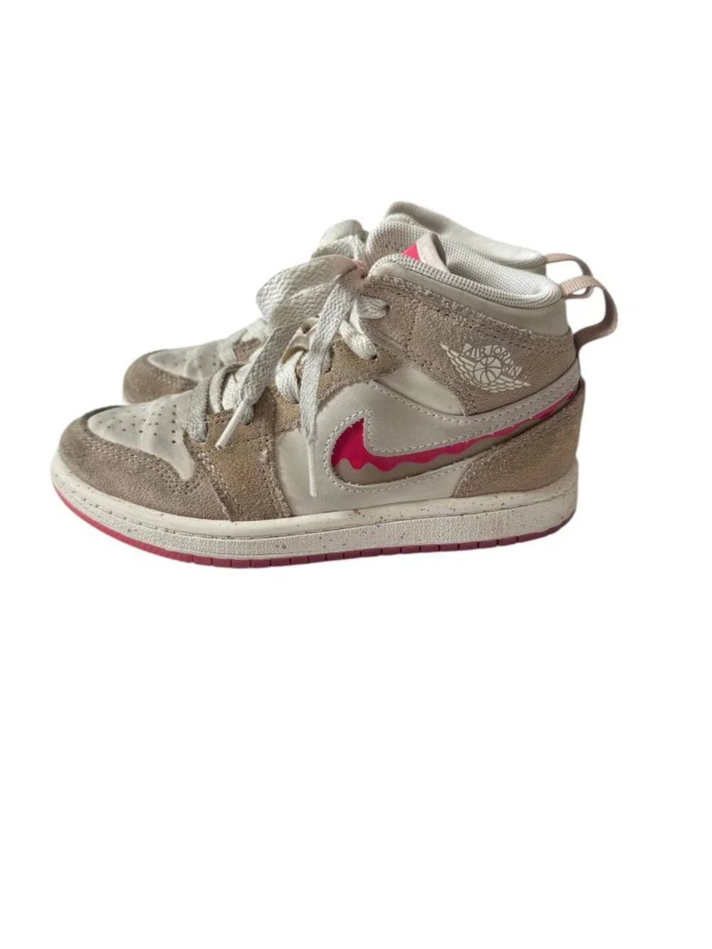 Nike Air Jordan 1 Mid Girls Beige Pink Swoosh High Top Sneakers Kids Size 12C